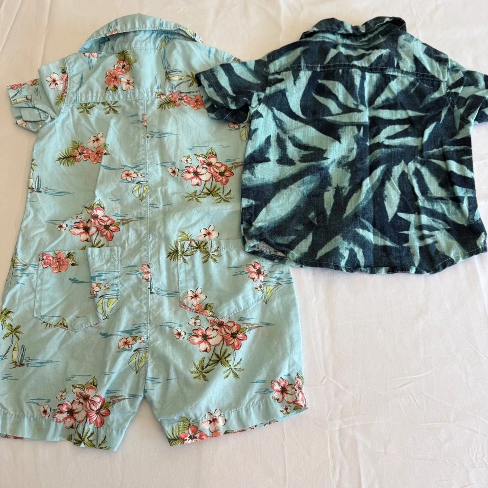 Carters Floral Romper & Volcom Leaf Print Button Down Shirt Bundle 18 Months